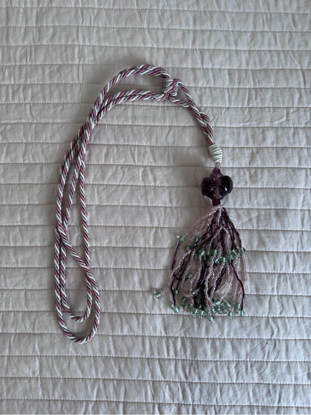 Vintage Beaded Tassel in Purple and Green - 11” drop and 29” tie back